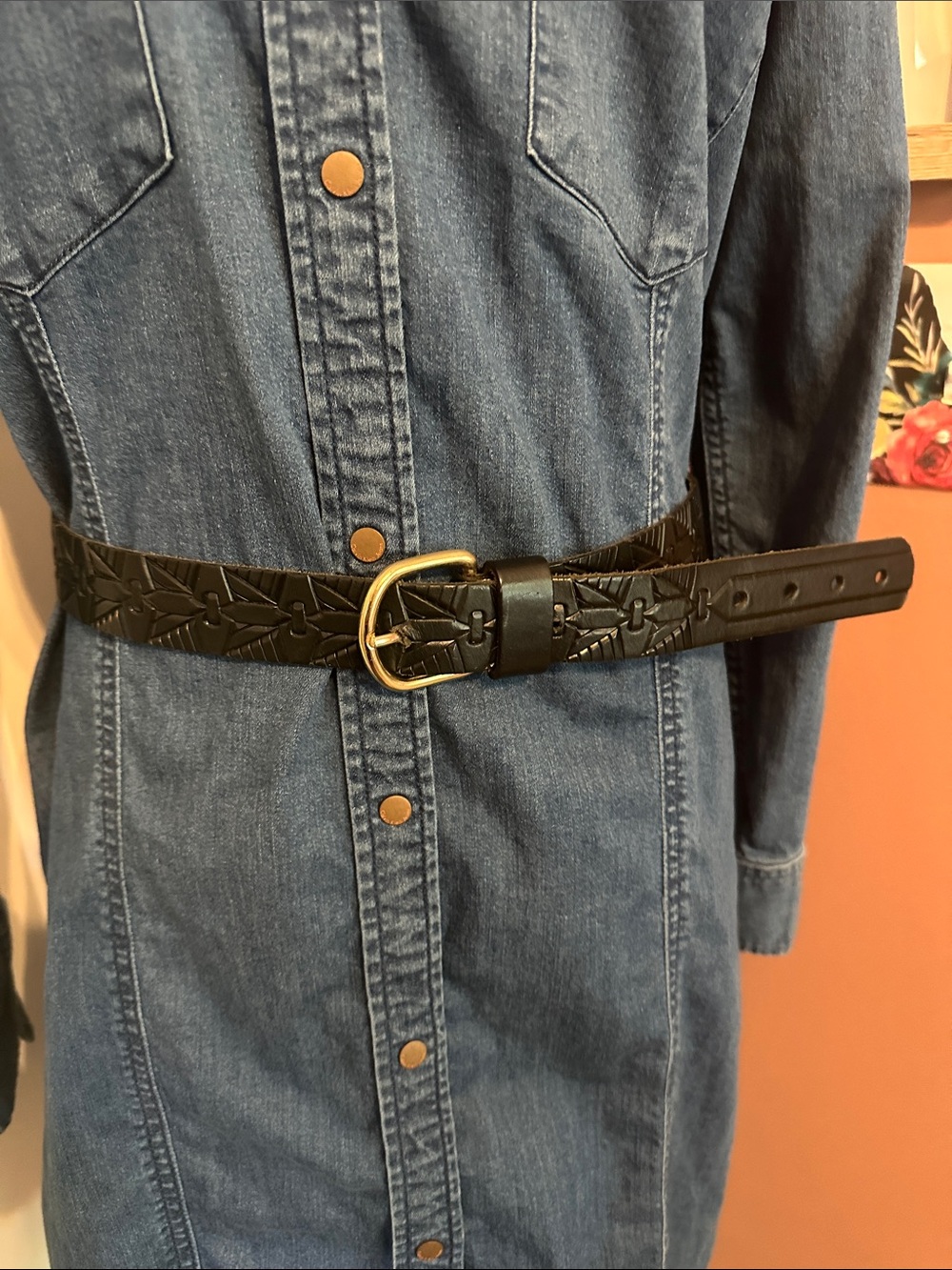 Old Time made in Italy Embossed Black genuine Leather gold buckle Belt